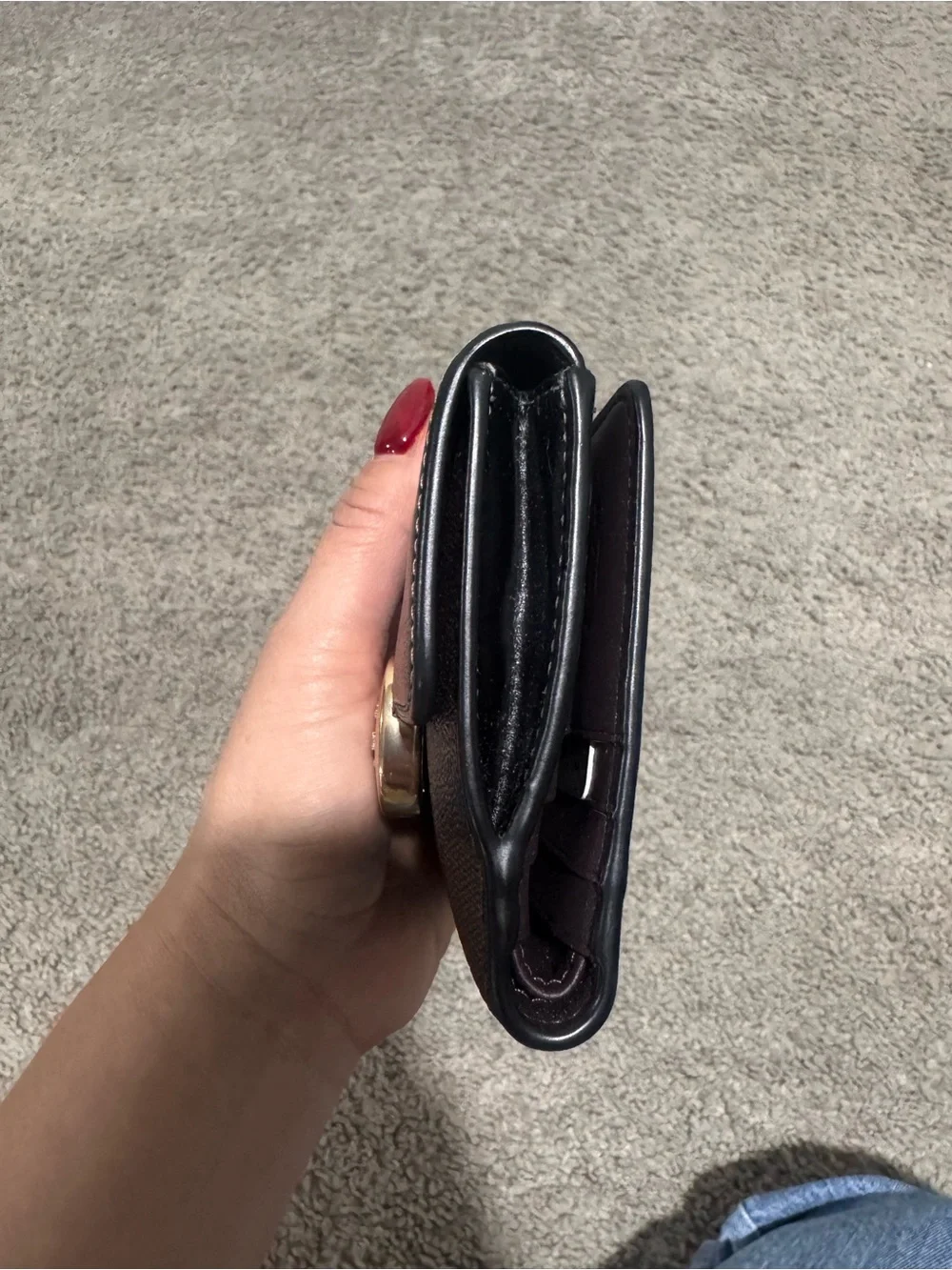 Coach Black Leather & Signature Canvas Compact Wallet with Gold Plaque
